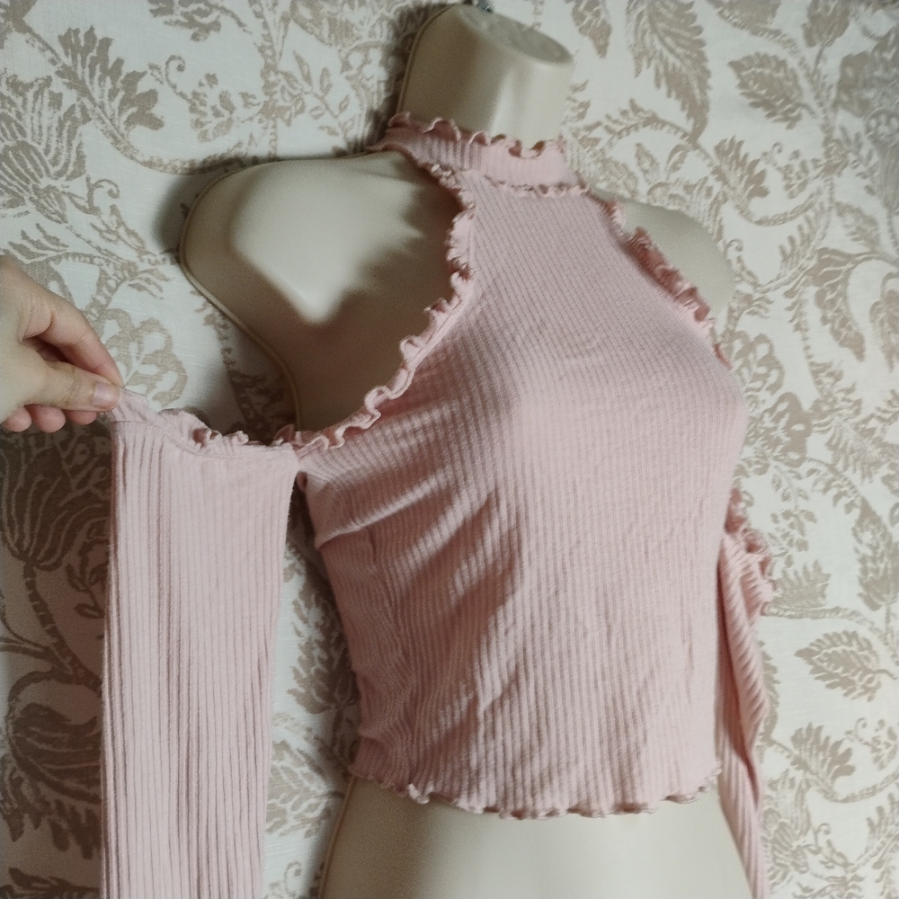 Forever 21 Pink Ribbed Ruffle Cold-Shoulder Top Soft Knit Long Sleeve Mock Neck